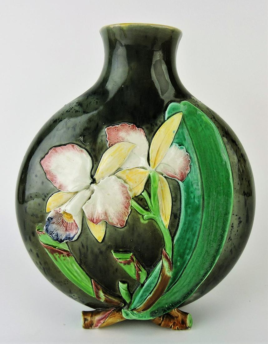 T.C. Brown Westhead Moore & Co: majolica moon flask vase, daffodils on one side and butterfly on the other, 10"