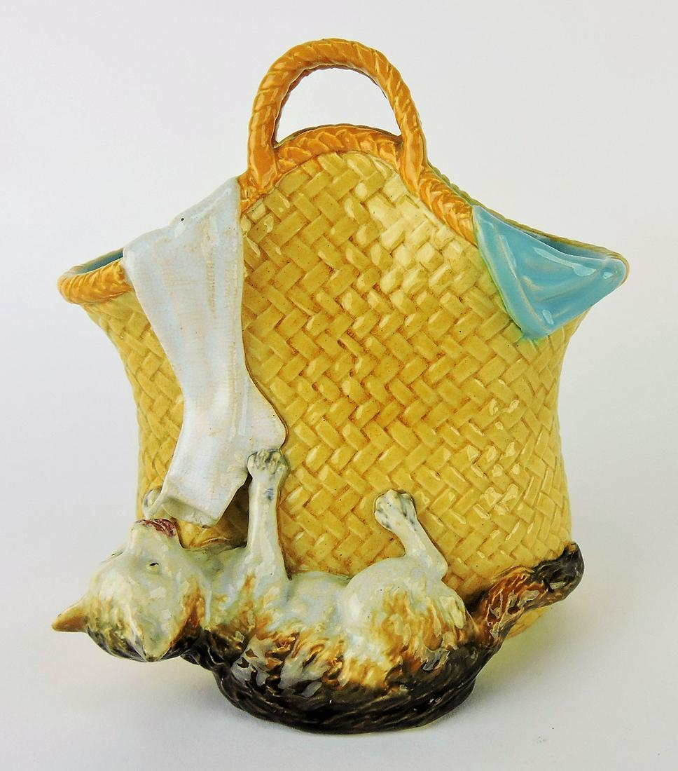 Minton majolica cat with basket: vase, 6 1/4", shape no. 2049