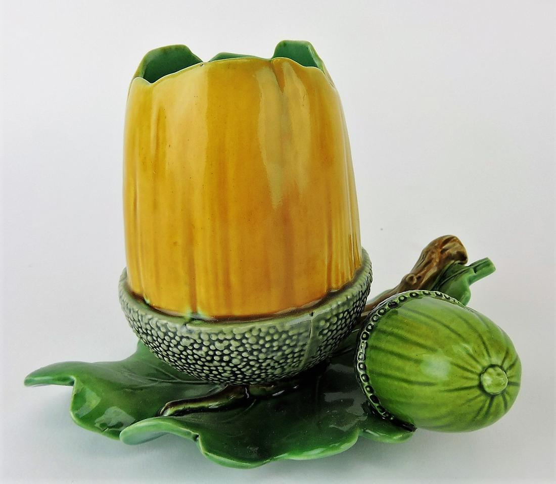 Minton majolica acorn and oak leaf: vase, 5", shape no. 1226, professional rim repair