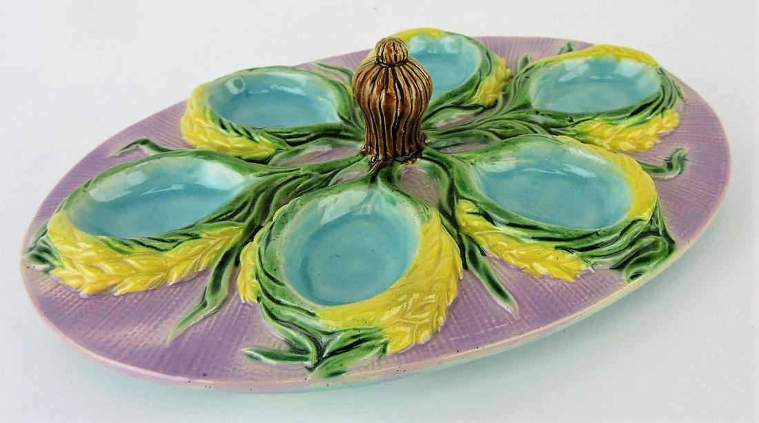 English majolica quail egg server,: 8"