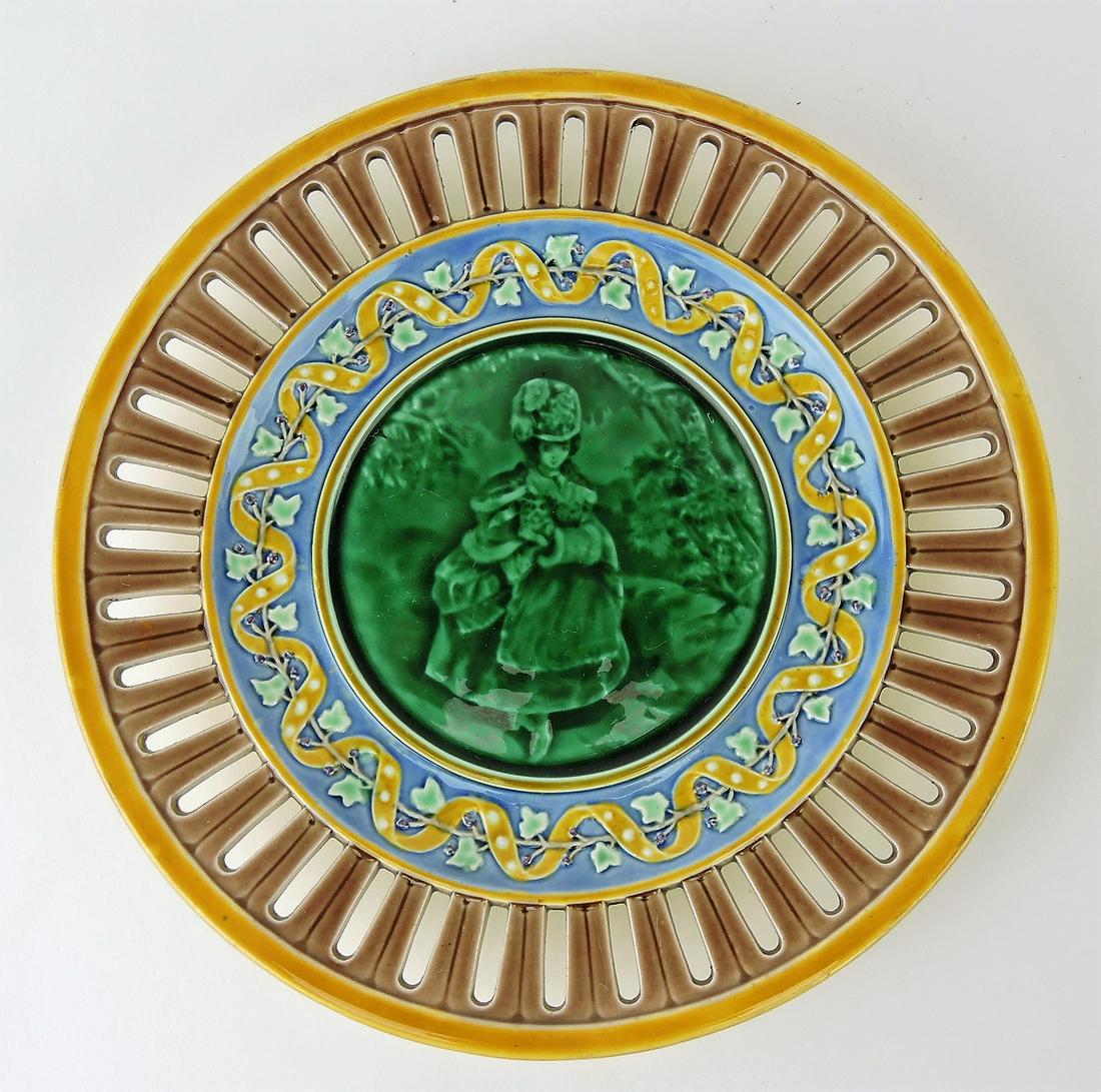 Wedgwood majolica reticulated plate: with scene of girl with dog, 9"