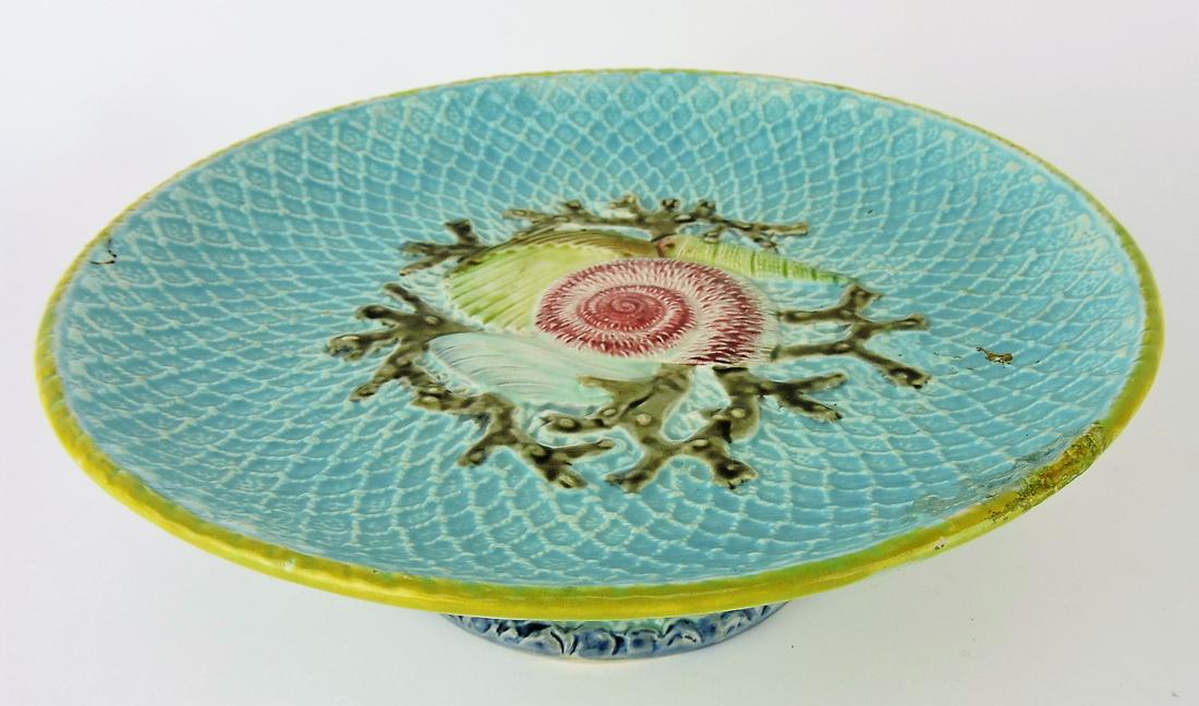 Fielding majolica fishnet and shells: 9" compote, rim repair