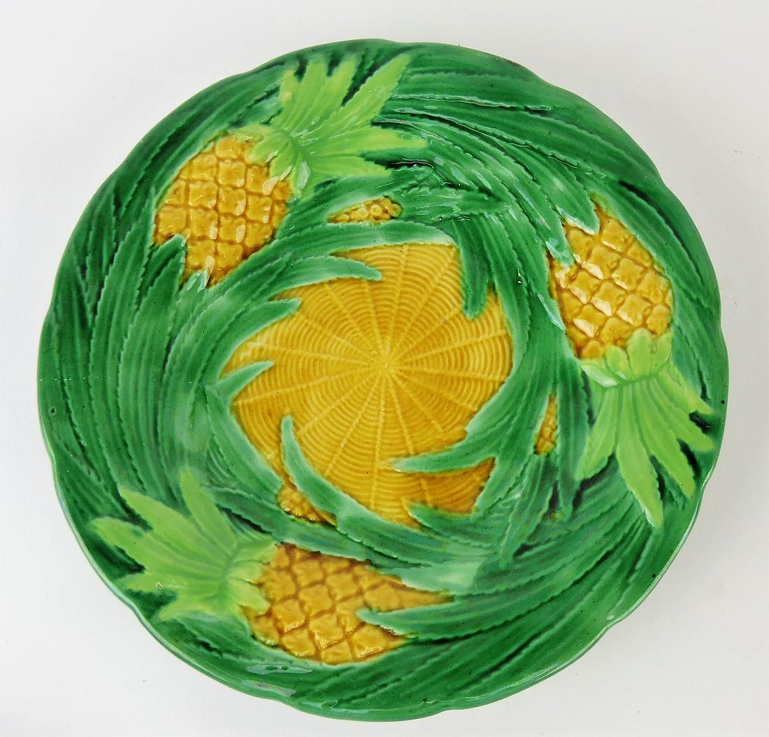 George Jones majolica pineapple: plate, 8 3/4", hairline