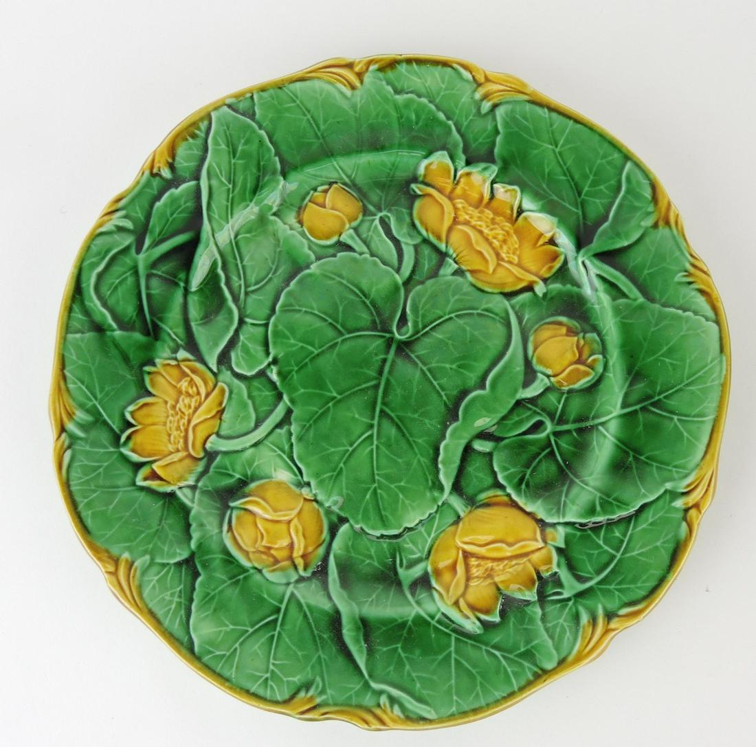 Minton majolica floral and leaf plate,: 9"