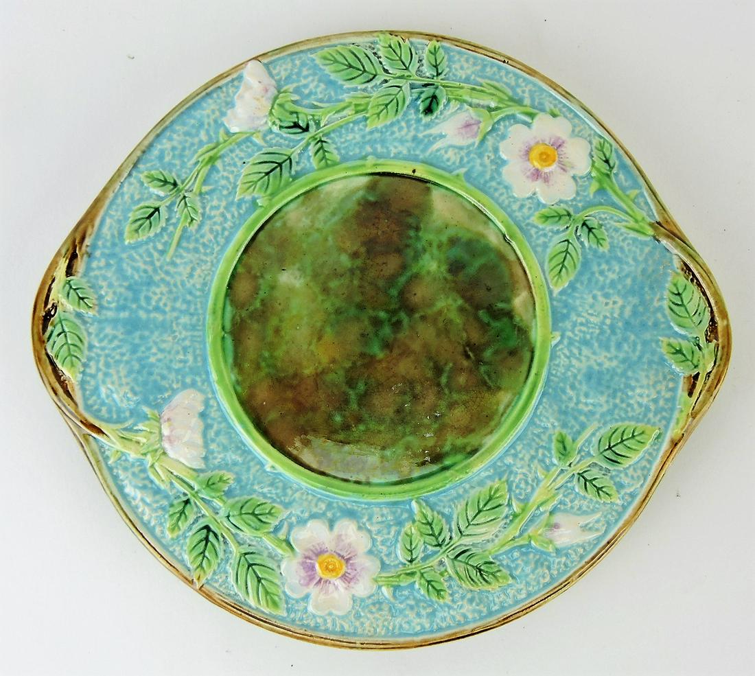 George Jones majolica turquoise: wild rose under plate, 7 1/2"