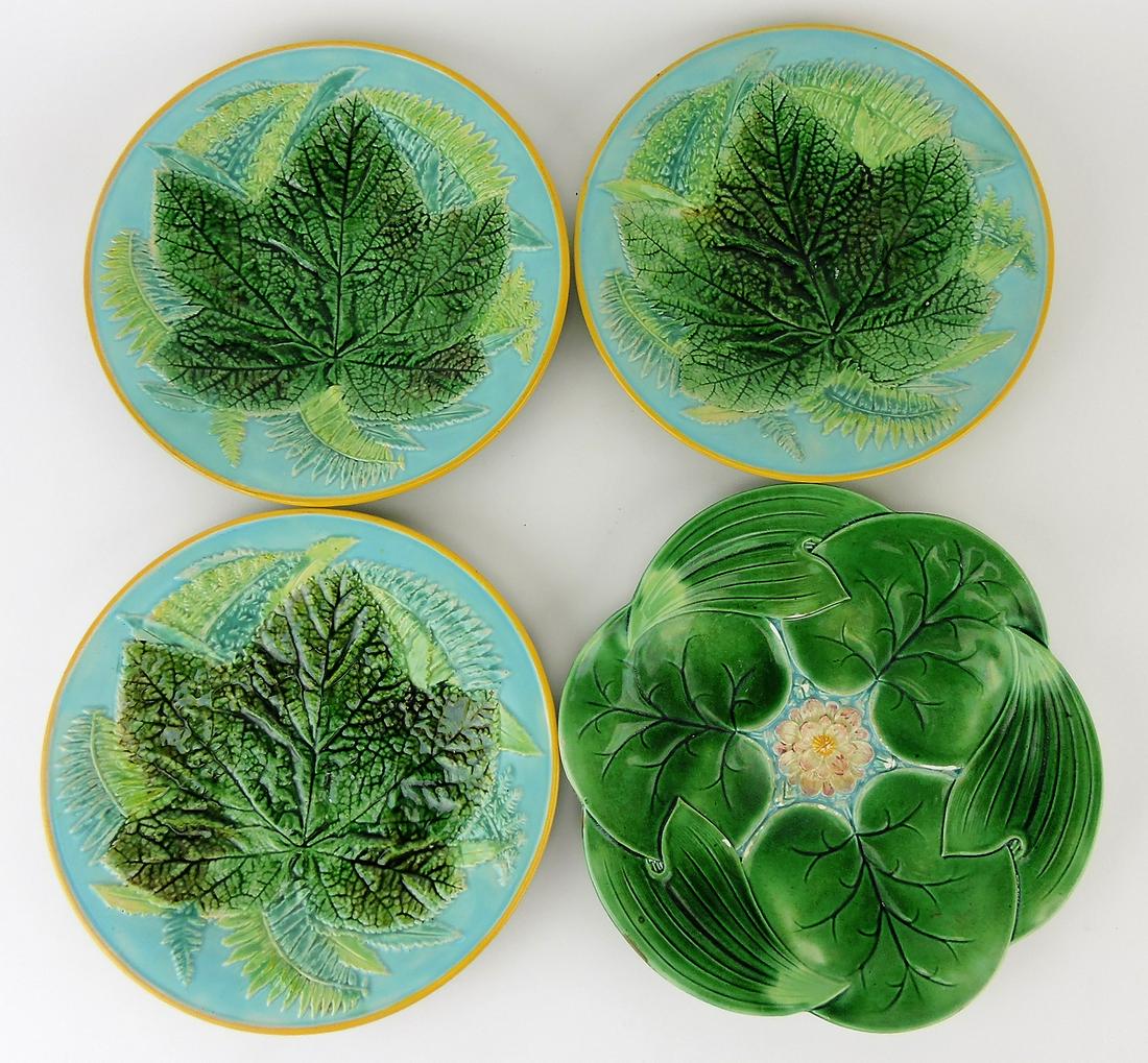 George Jones majolica lot of 4: plates; 3 leaf and fern, 1 pond lily (surface wear)