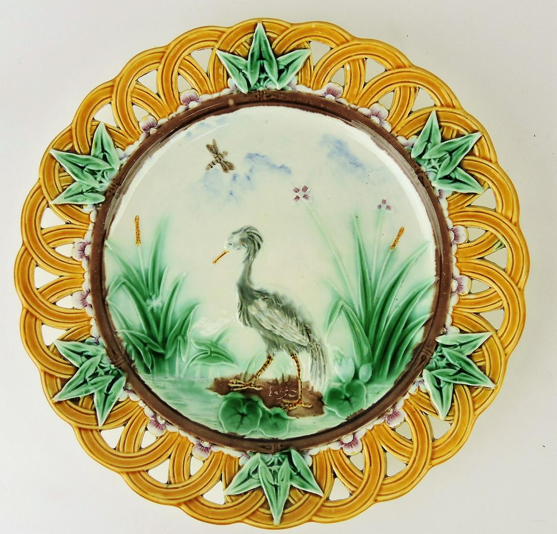 Wedgwood majolica stork in marsh: plate with reticulated border, 9"