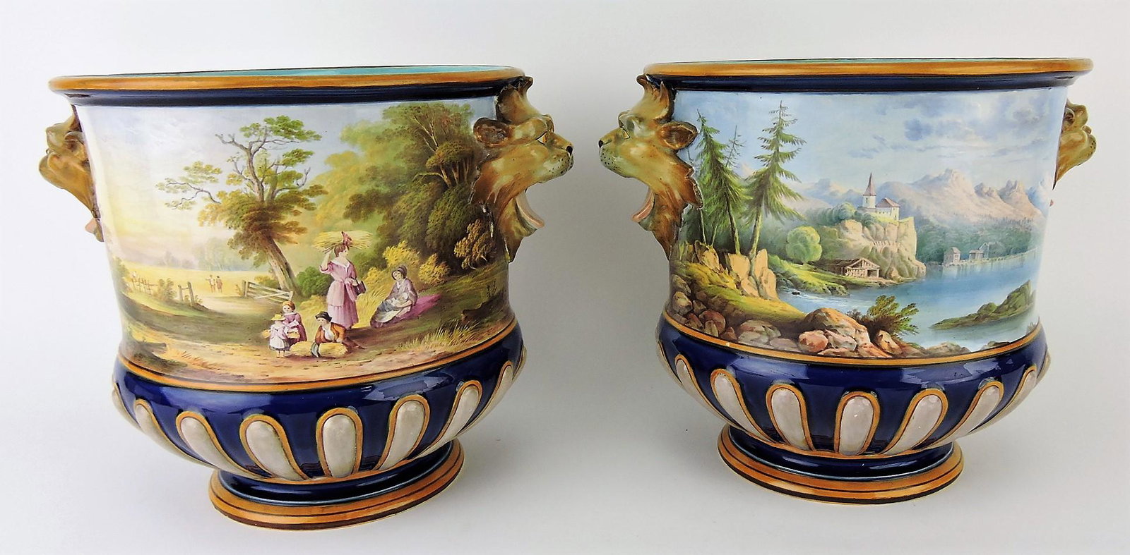 Minton majolica rare pair of painted: wine coolers, scenes of lake view and country scene, painting attributed to John Thorley, 8"