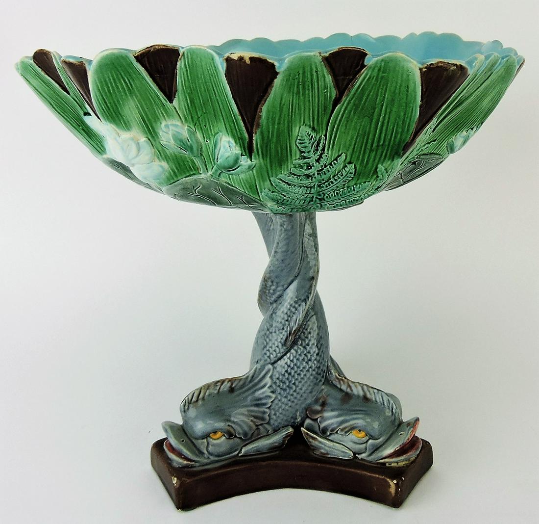 Holdcroft majolica pond lily compote: with 3 intertwined dolpin base, rim repair, hairline