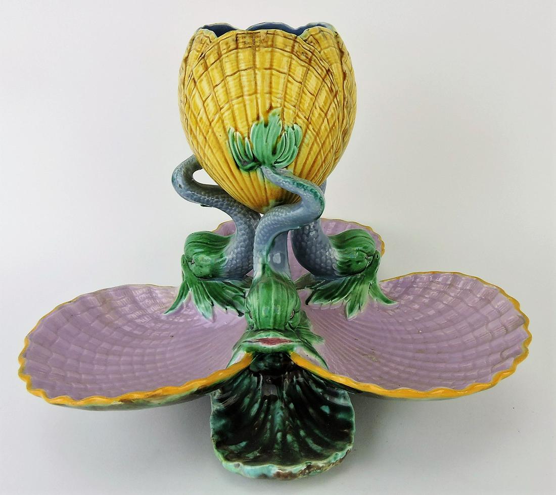 George Jones majolica dolphin and: shells table center, 12"w, 9 1/2"h