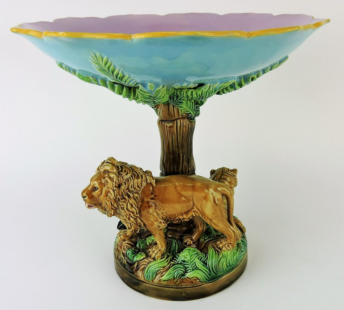 George Jones majolica "Africa": compote with lion and lioness beneath turquoise bowl, 10 1/2"w, 10"h, professional rim repair to bowl