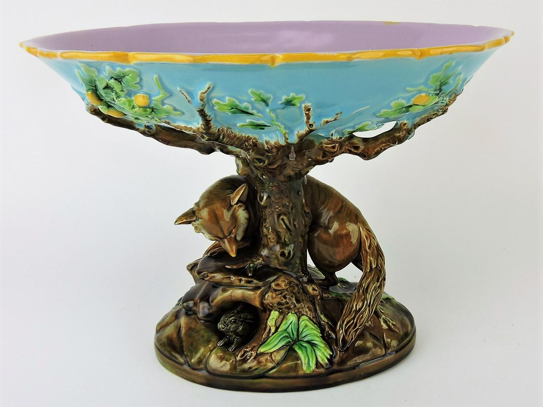 George Jones majolica compote: with fox and rabbit on base, 10"w, 8"h