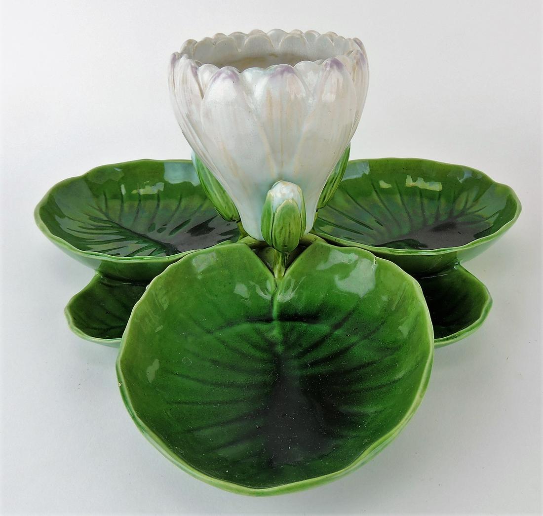 Minton majolica pond lily table: center, three lobes with center water lily flower, 12 1/2"w, 6"h, shape no. 1147