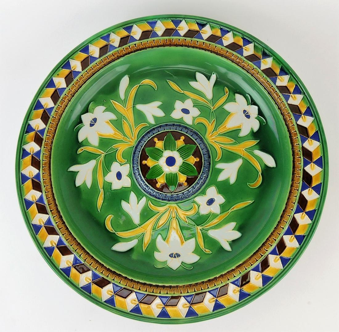 Minton majolica round floral serving: tray, 14 1/2", professional rim repair