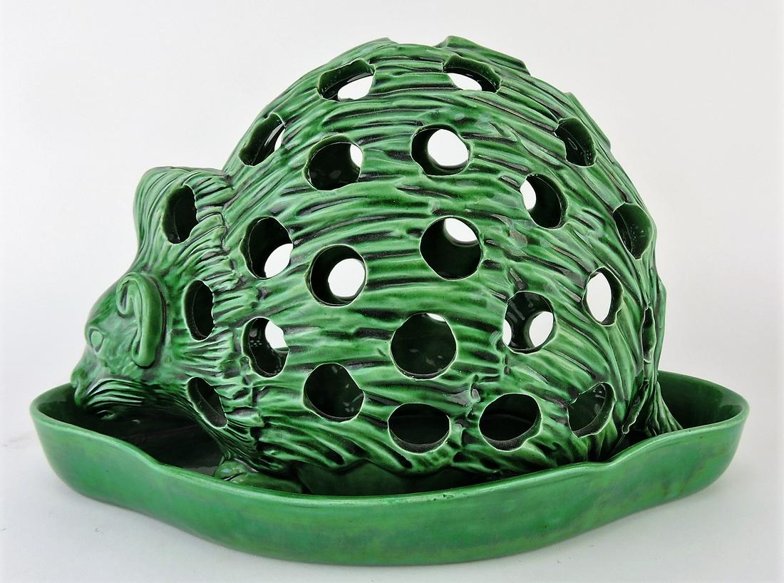 Wedgwood dark green majolica: hedgehog posey holder with tray, 12"w, 7"h
