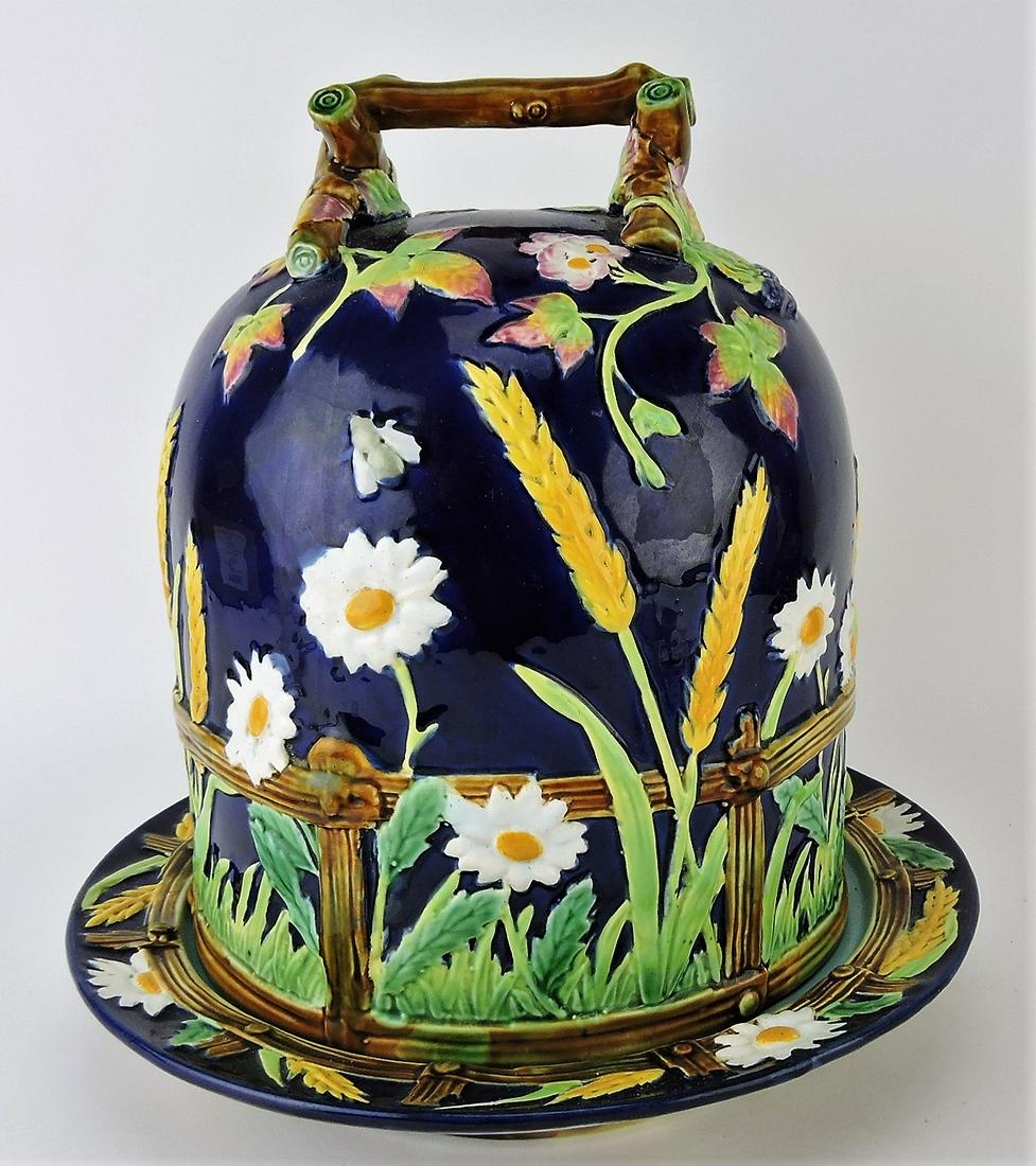 George Jones majolica cobalt: picket fence and daisy full size cheese keeper, 12 1/2"h, 12"d, professional repair to base rim of cover