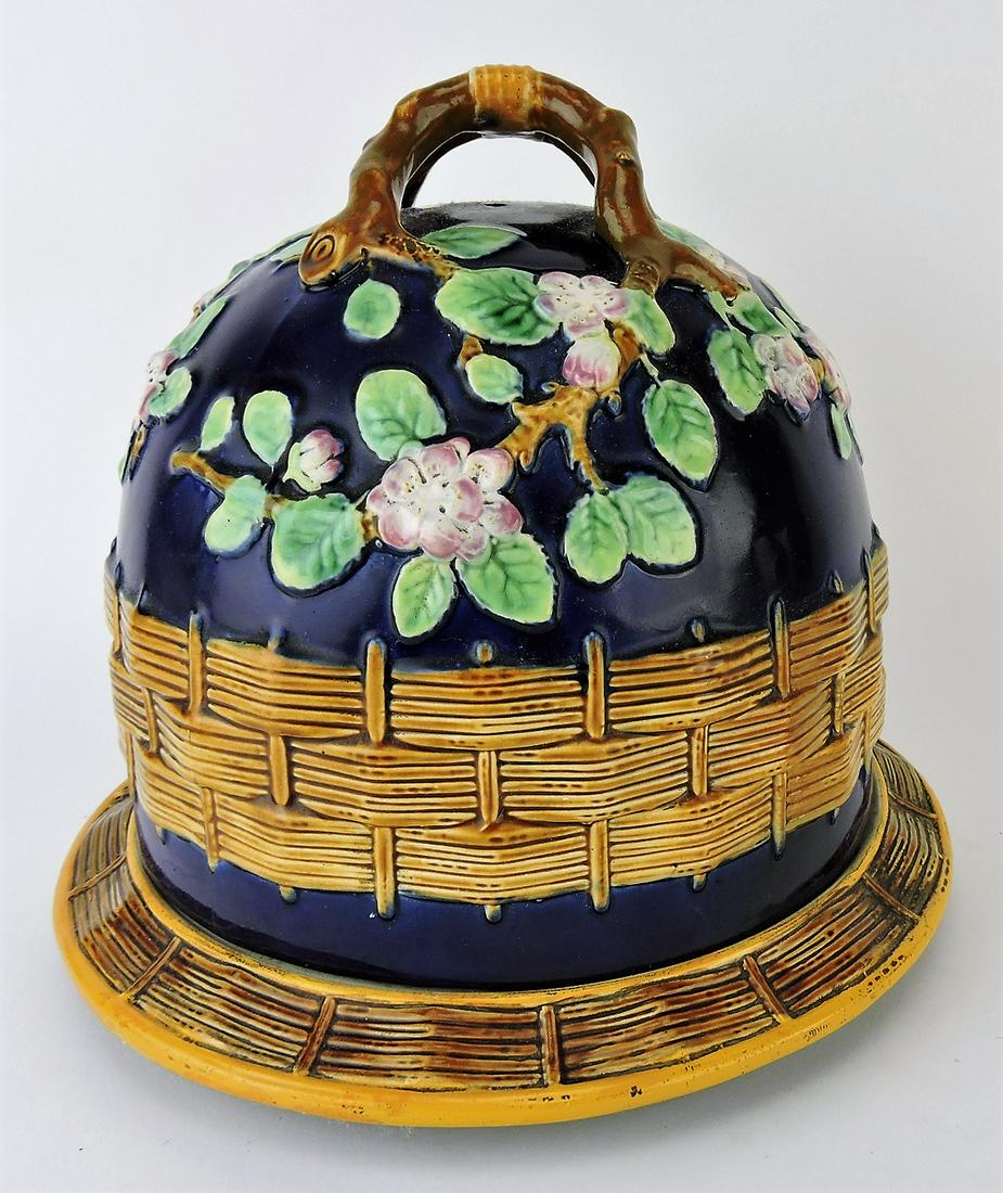 George Jones majolica cobalt: apple blossom and wicker cheese keeper, 10"h, 11 1/2"d, professional handle and hairline repairs to cover