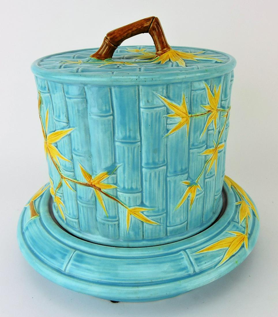 Royal Worcester turquoise majolica: bamboo cheese keeper, 10 1/2"h, 11"d