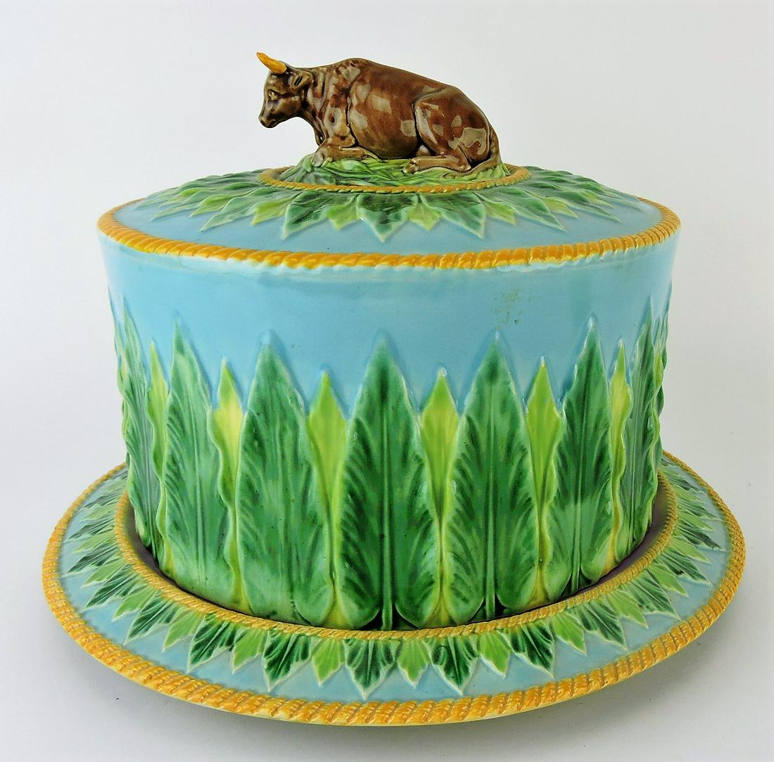 George Jones turquoise majolica: cheese keeper with cow finial, acanthus leaves, 9"h, 12"d