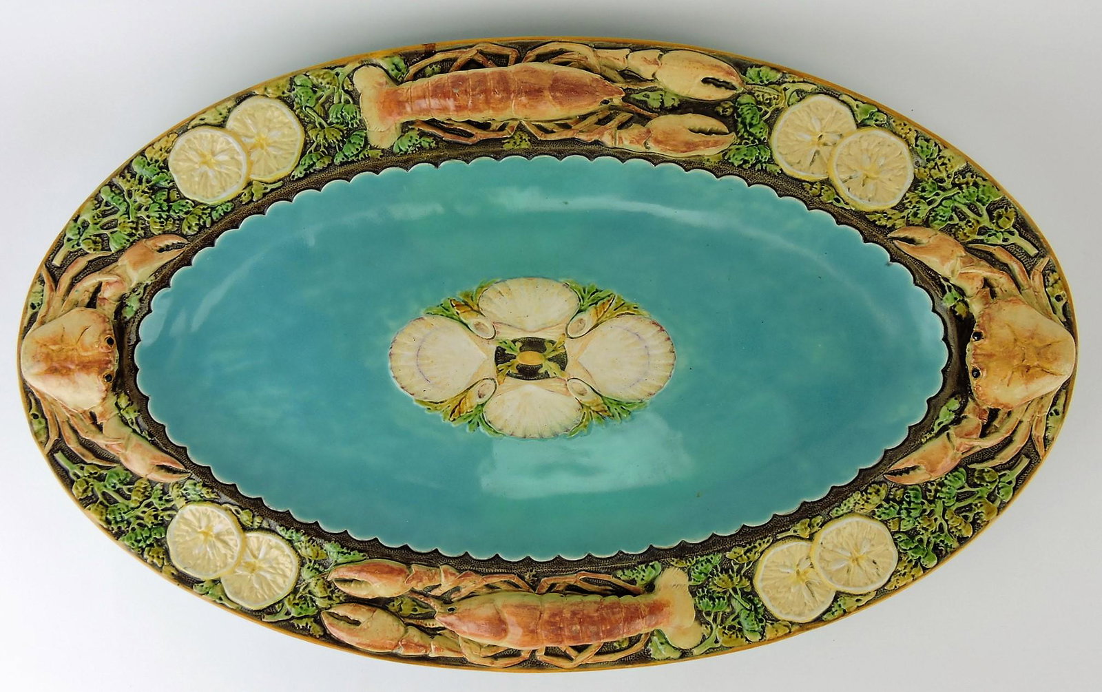 Minton rare majolica lobster: seafood tray with lobster, crab, seaweed and lemon border, 23 1/2" x 14 1/2", professional hairline repair