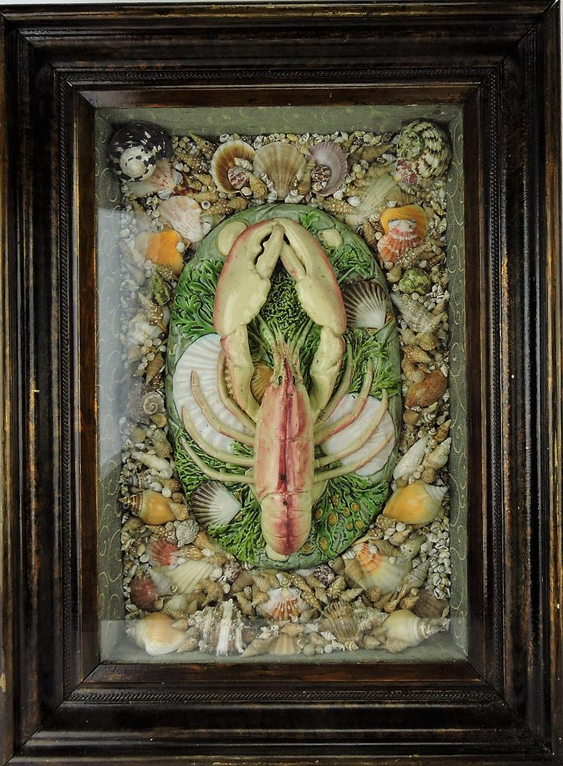 Minton rare lobster tureen lid: placed in shadow box frame surrounded by shells, 21 1/2" x 16"