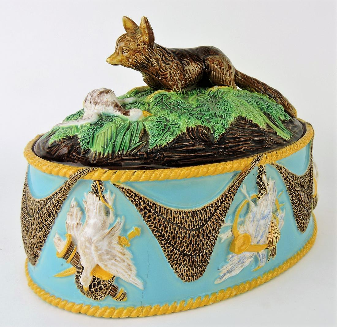 George Jones majolica game dish: with fox on cover, 10'w, 7"h, professional repair to fox ears