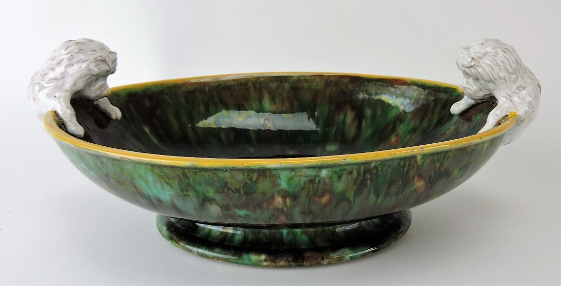 George Jones majolica oval bowl with white: dog handles, 11 1/2"