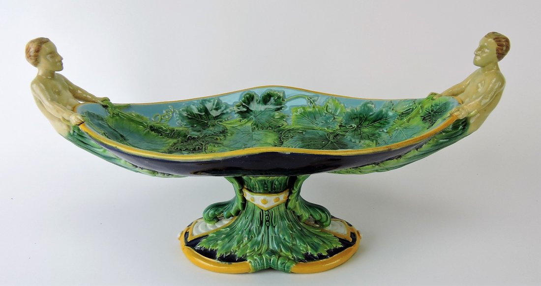 George Jones majolica console pedestal bowl: with Botanical man handles, professional rim and handle repair, 16"w, 8"h