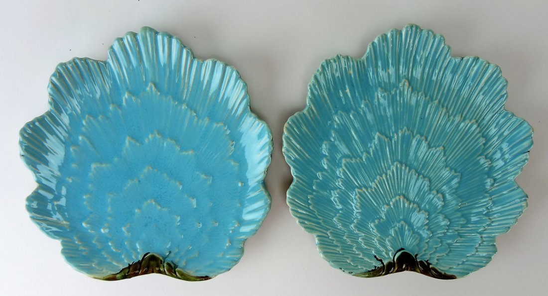 George Jones majolica pair of turquoise: shell shaped plates, 8 1/2"