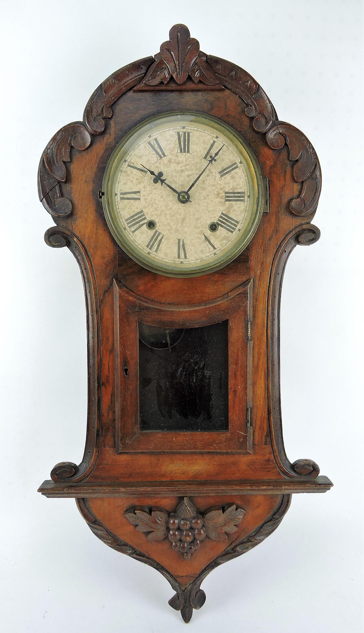Early walnut wall clock, 32"h, 16"w, (1 of 1)