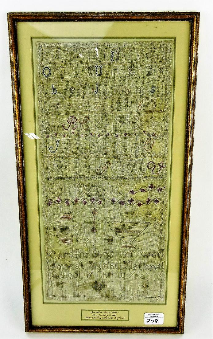 Early sampler "Caroline Isabel Sims: born January 22 1864, Twelve Heads, Cornwall England", 9 1/2" x 19"