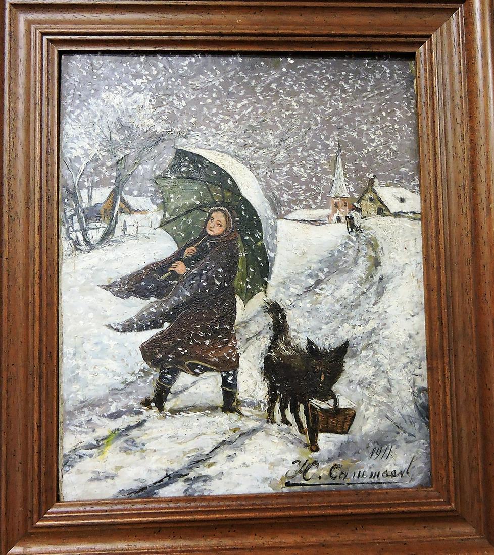 Oil on canvas of lady walking with: dog in snow storm, dated 1911, signed, 9 1/2"x8 1/2"