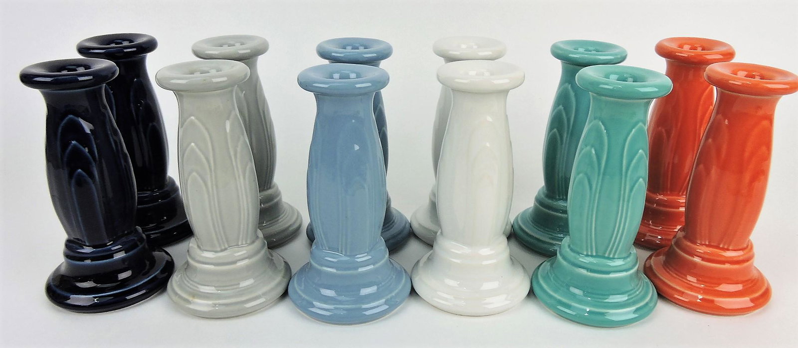 Fiesta Post 86 lot of 6 pair tapered: candle holders; cobalt, gray, periwinkle, white, turquoise, persimmon
