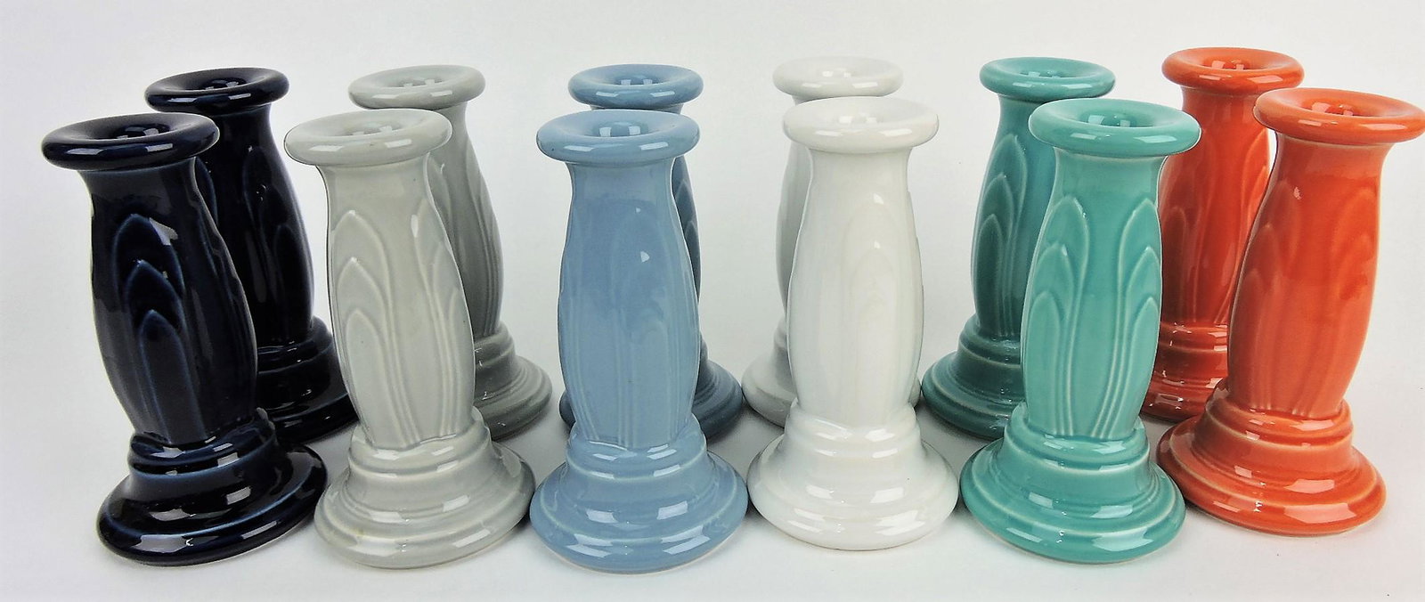 Fiesta Post 86 lot of 6 pair tapered: candle holders; cobalt, gray, periwinkle, white, turquoise, persimmon