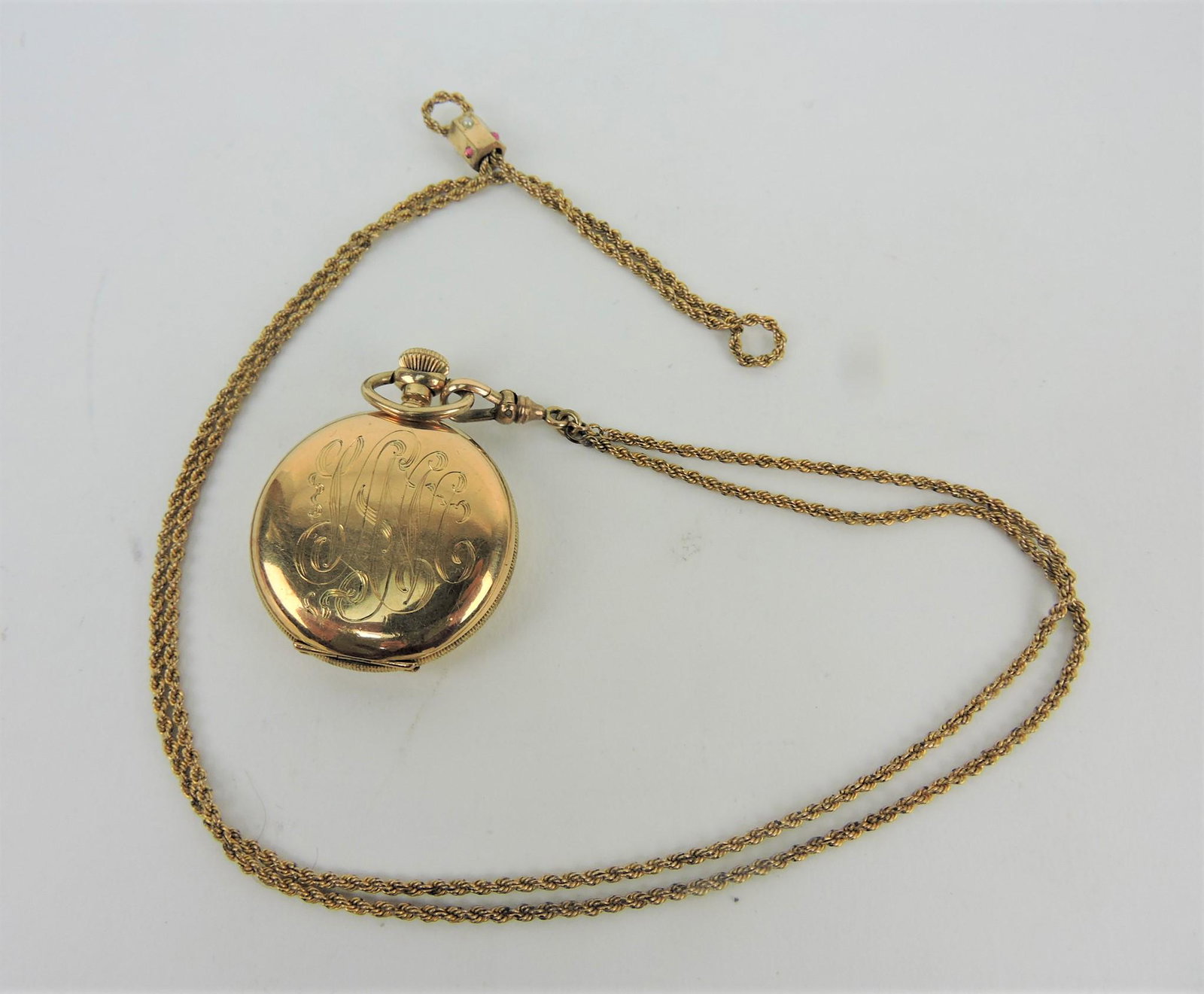 Hampden Molly Stark lady's hunters: case pocket watch with chain and slide, blue enamel and gold inlay face, runs, #1746573
