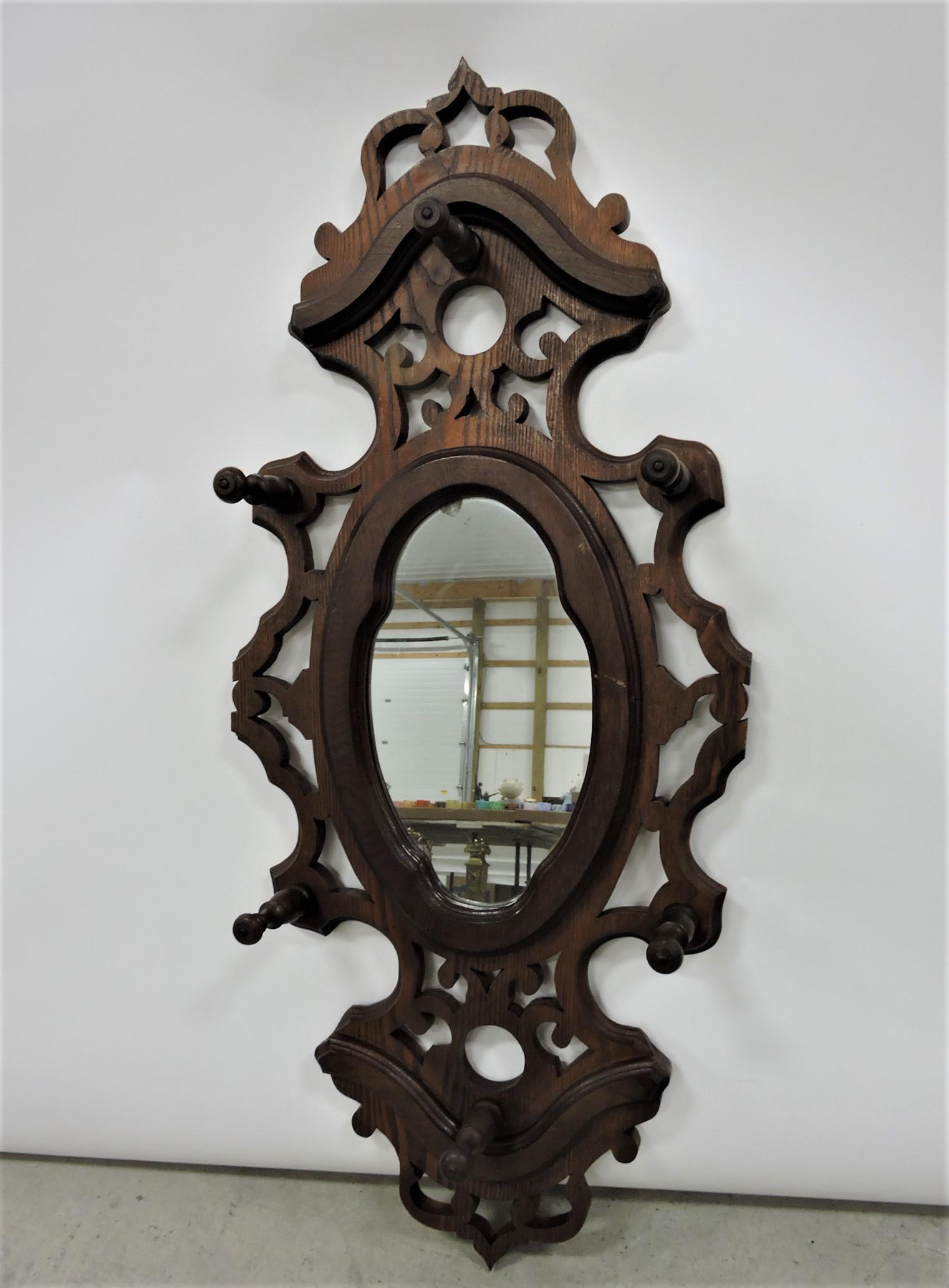 Walnut Victorian wall mirror/hat rack, (1 of 1)