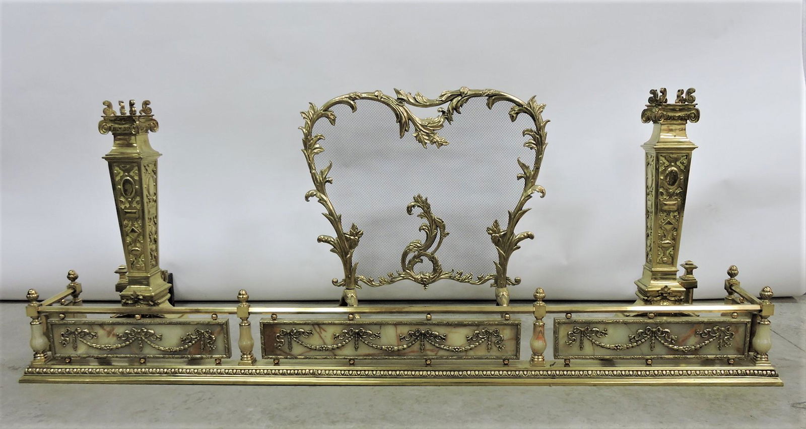 Brass ornate fireplace fender, screen, (1 of 4)