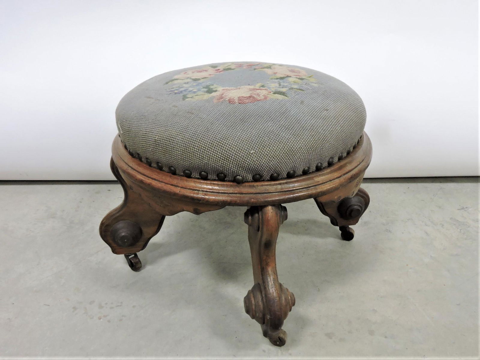 Walnut Victorian foot stool with needle (1 of 1)