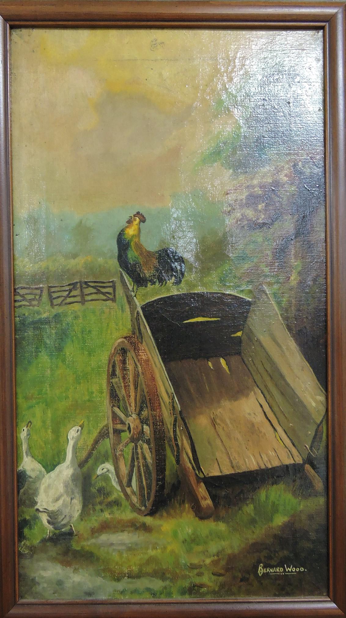 Oil on canvas, Bernard Wood, rooster: on wheelbarrow with ducks in barnyard, 18"x10"