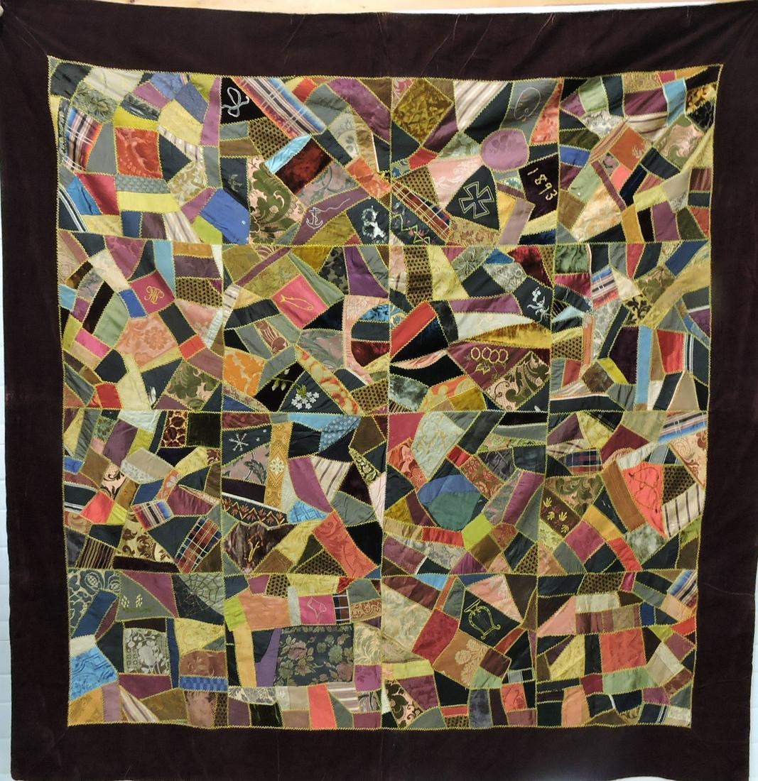 Antique crazy quilt, 79"x81", dated (1 of 2)