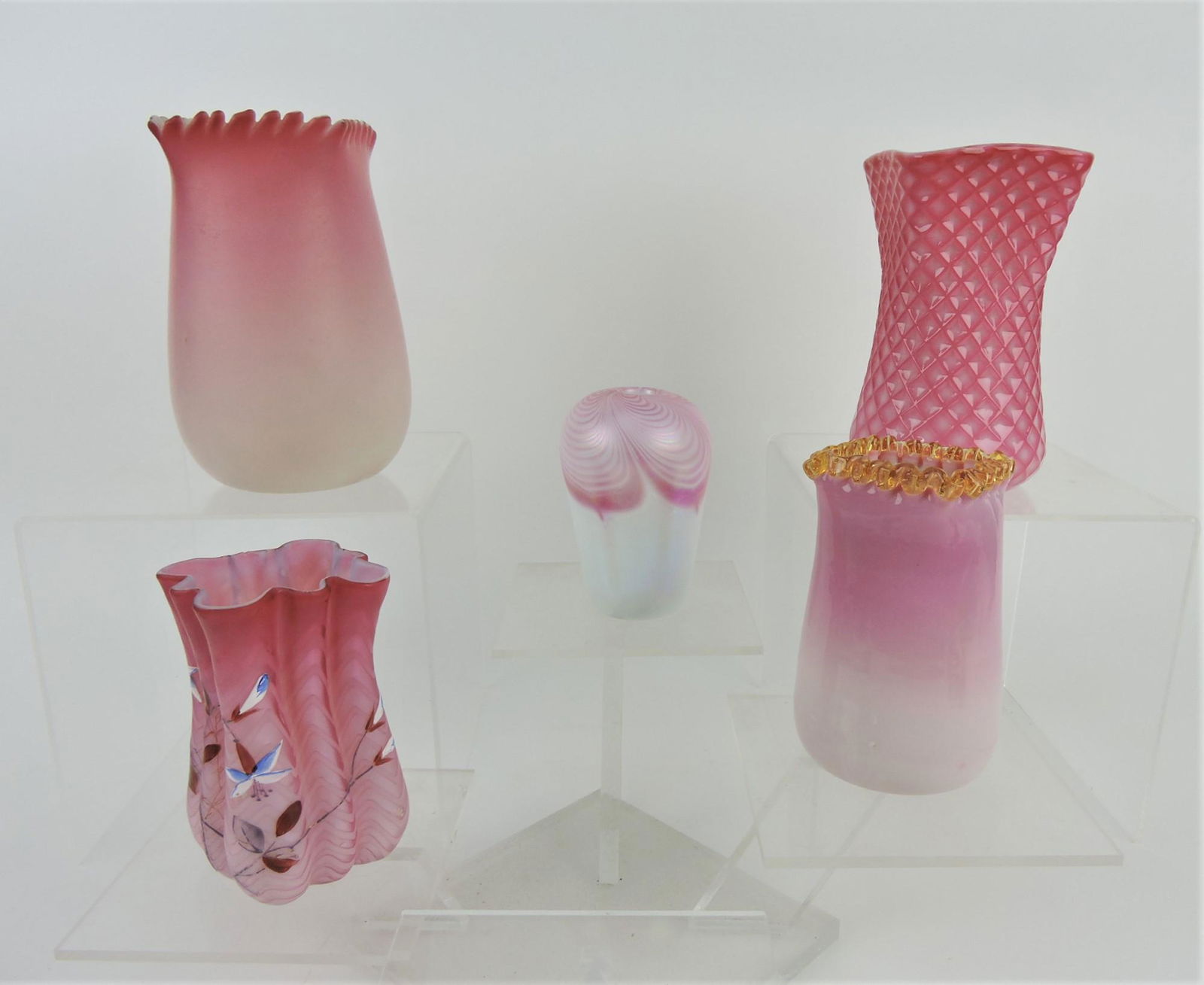 Cranberry cased glass lot of 5 vases (1 of 1)