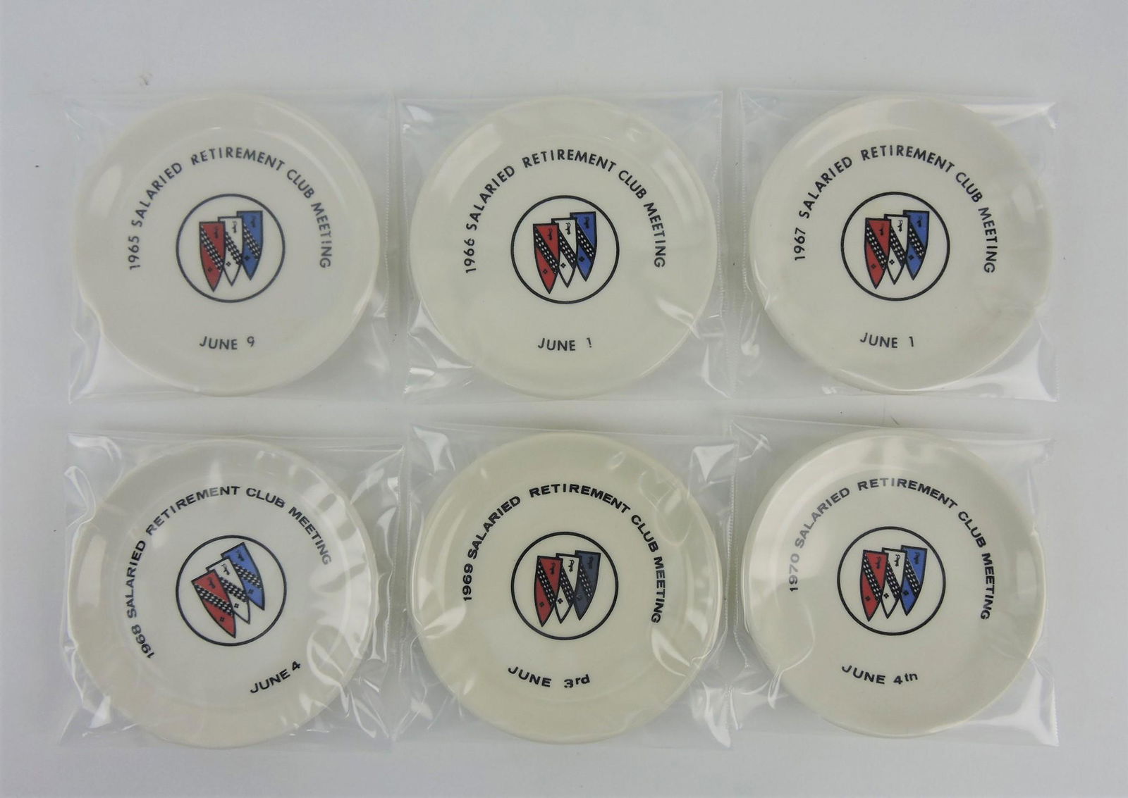 Fiesta set of 6 Buick Salaried: Retirement Club Meeting coasters, 1965-70