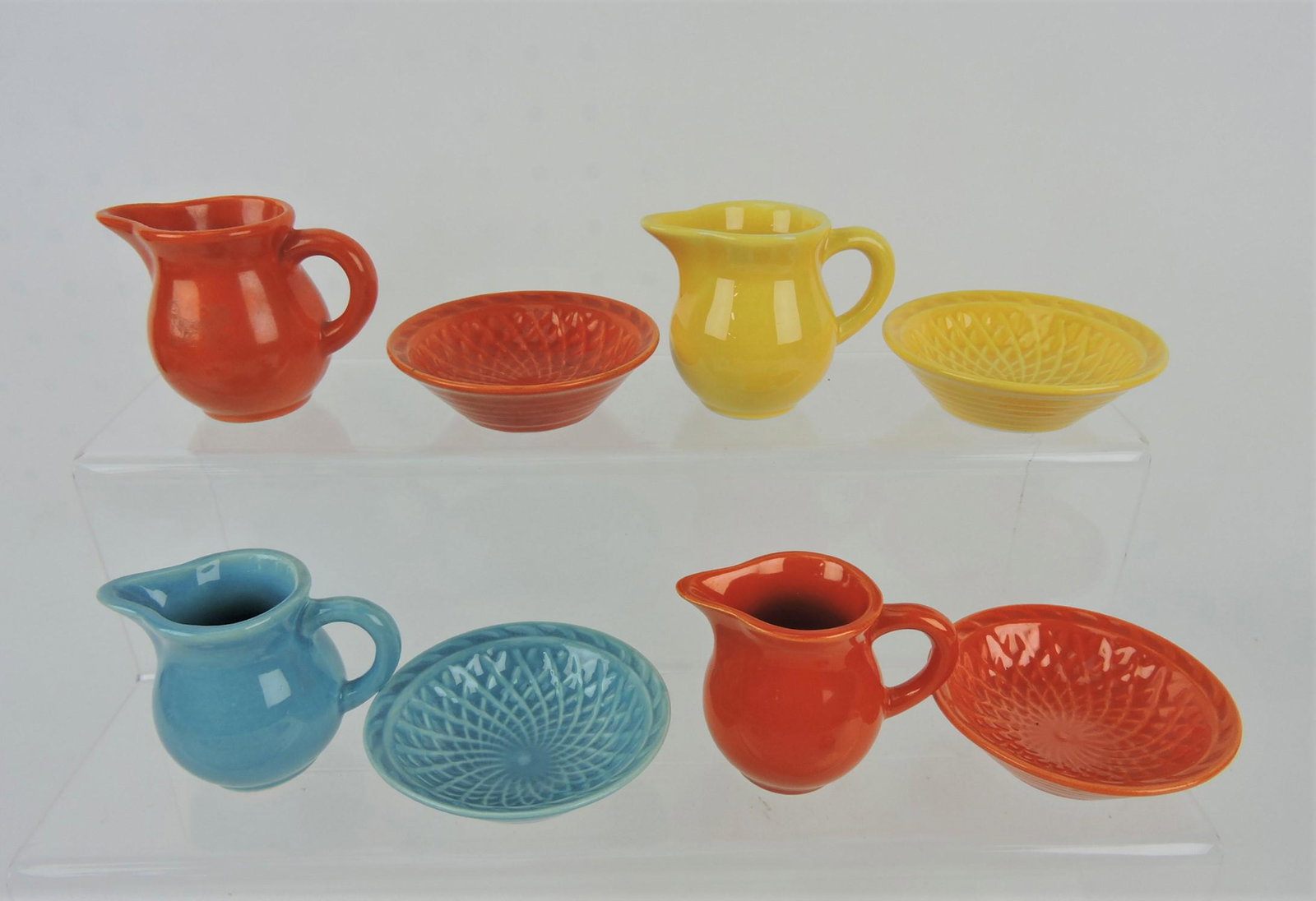Fiesta Harlequin lot of 4 individual: creamers and matching basketweave nut cups