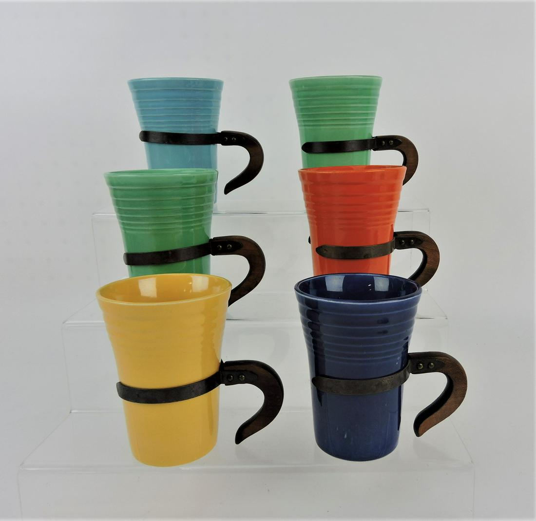 Fiesta water tumbler group,: lot of 6 with wood and metal handles