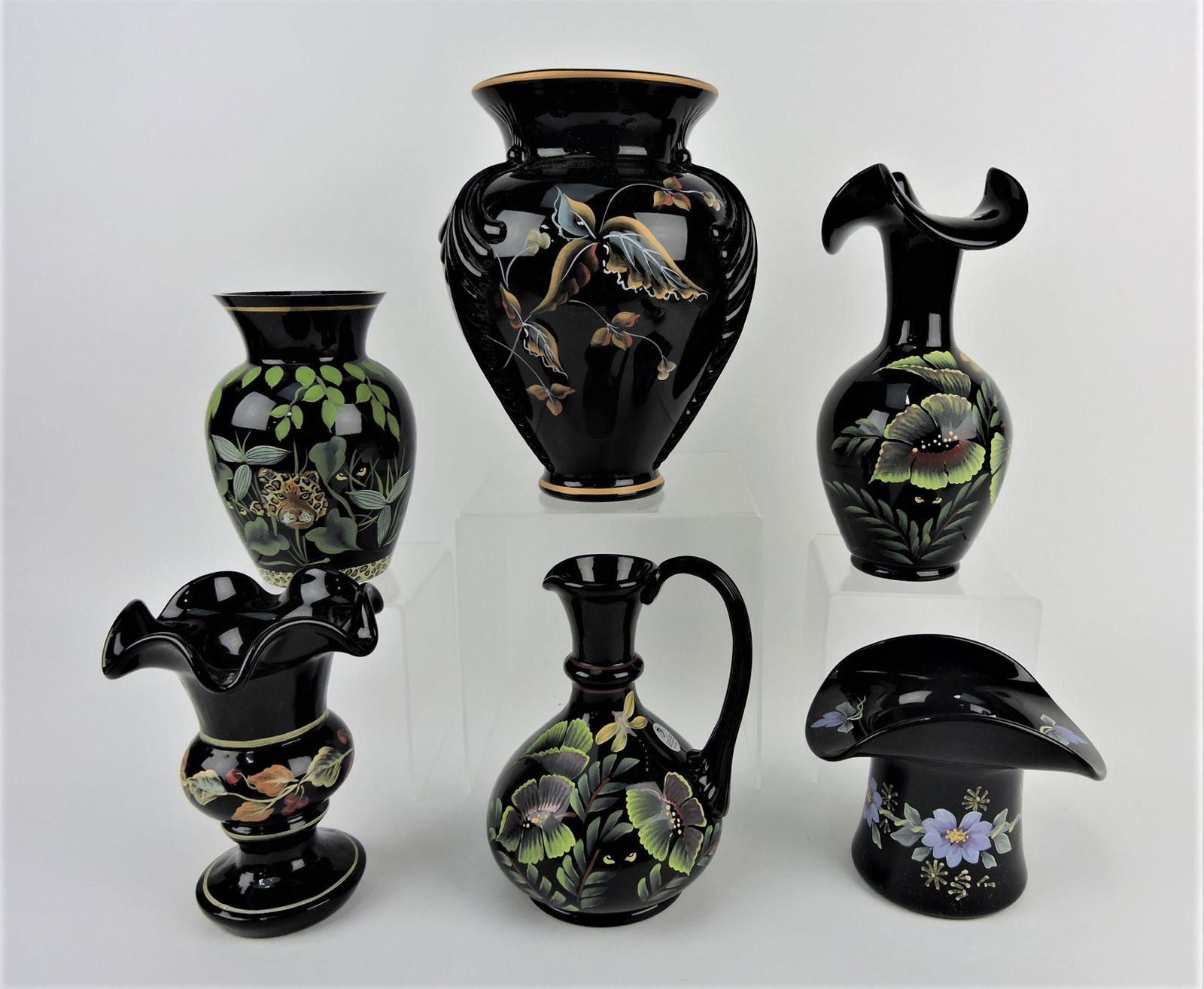 Fenton black ebony lot of 6 decorated: pieces