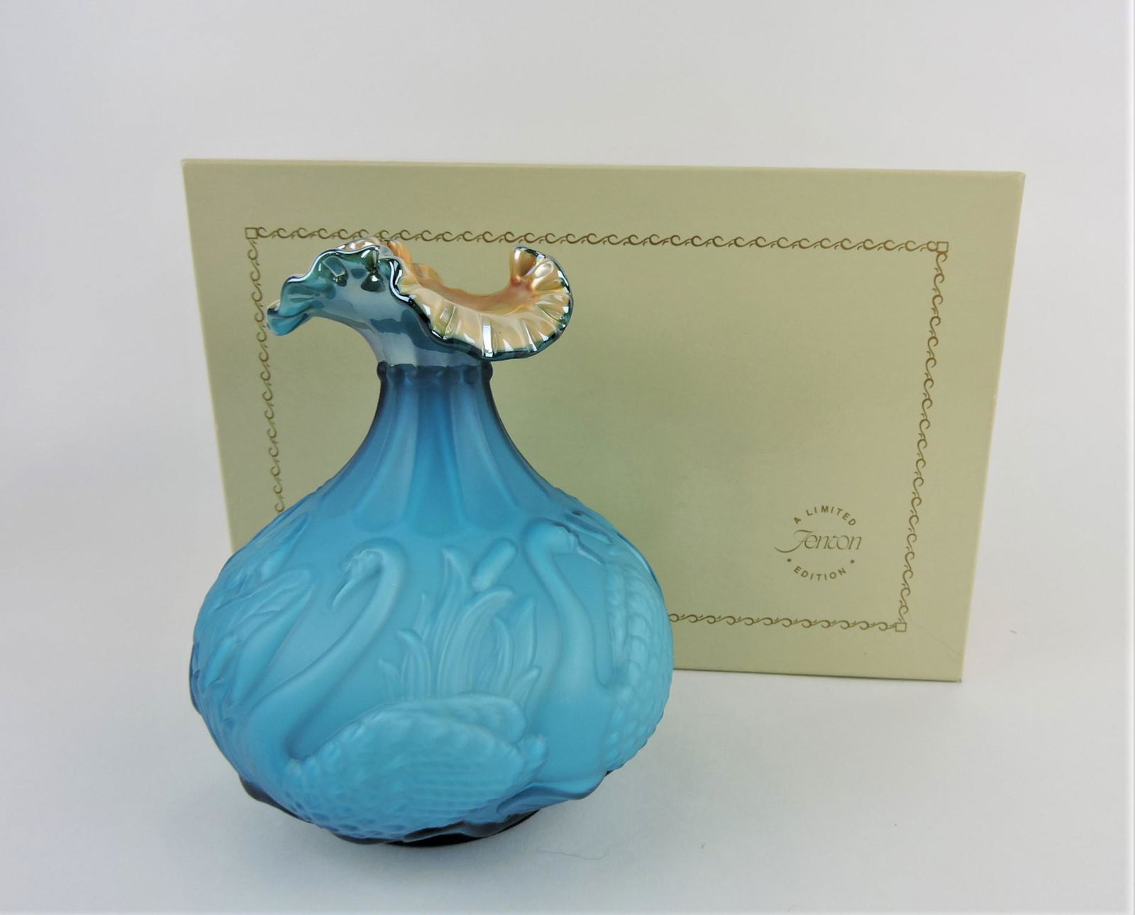 Fenton Connoisseur swan vase, NIB, 8": .