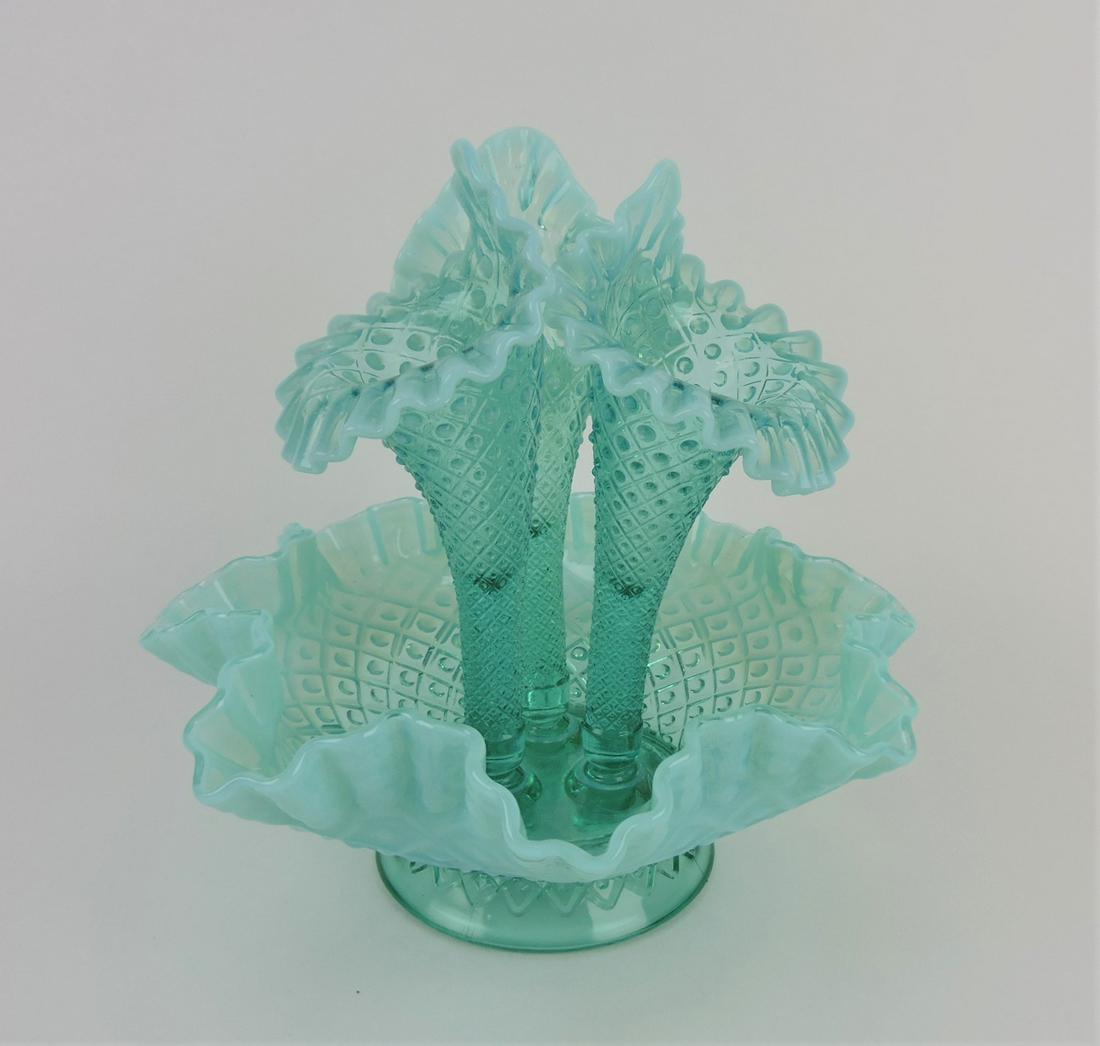Fenton blue opalescent English: hobnail epergne, 10"