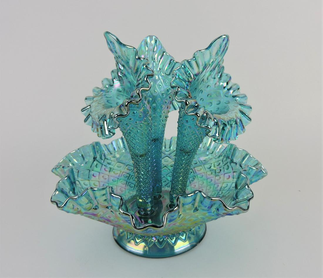 Fenton blue carnival glass English: hobnail epergne, 10"