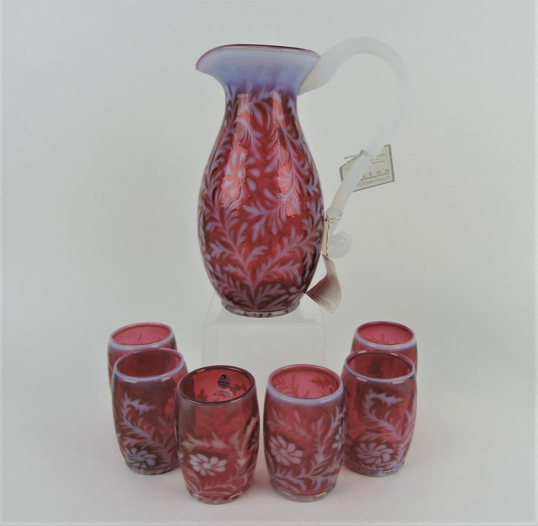 Fenton cranberry opalescent daisy and: fern 7 piece water set