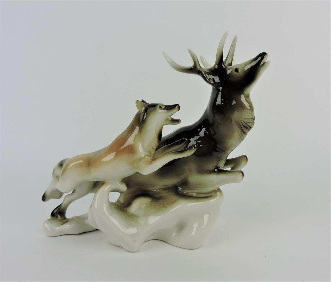 Royal Dux porcelain stag and dog: figure, 9"h, 11"l